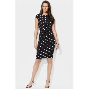 Lauren Ralph Lauren womens black polka dot dress Size 4 twist front knit jersey